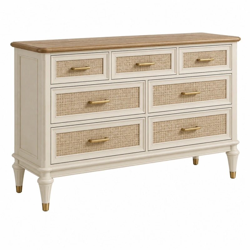 Kommode 140 x 45 x 90 cm aus Holz in Creme mit Geflechtfronten im Landhausstil