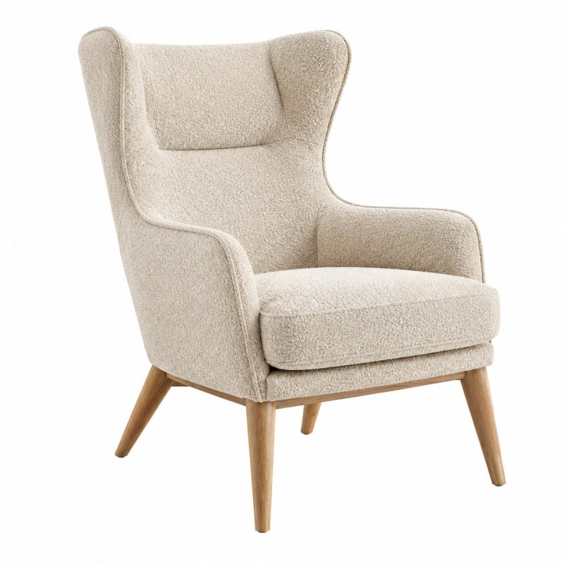 Ohrensessel 75 x 85 x 105 cm Bouclé Stoff Beige mit Holzfüßen für Wohnzimmer