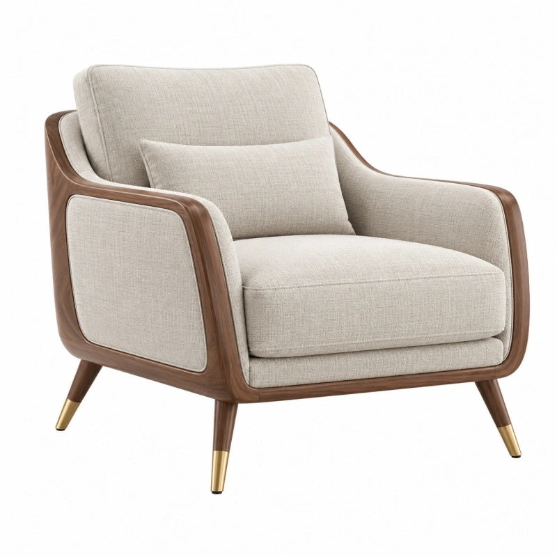 Sessel 85x82x88 cm mit Stoffbezug Beige Holz Braun Mid Century Stil - Xelvento