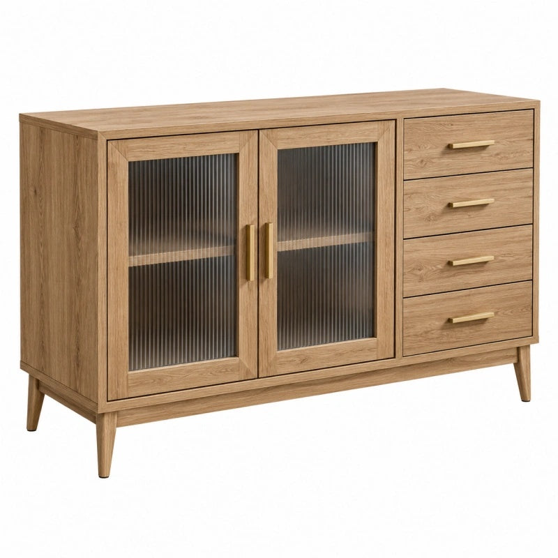 Sideboard 140 x 40 x 85 cm Eichenholzoptik mit Riffelglastüren und Schubladen im Mid-Century-Stil - Xelvento