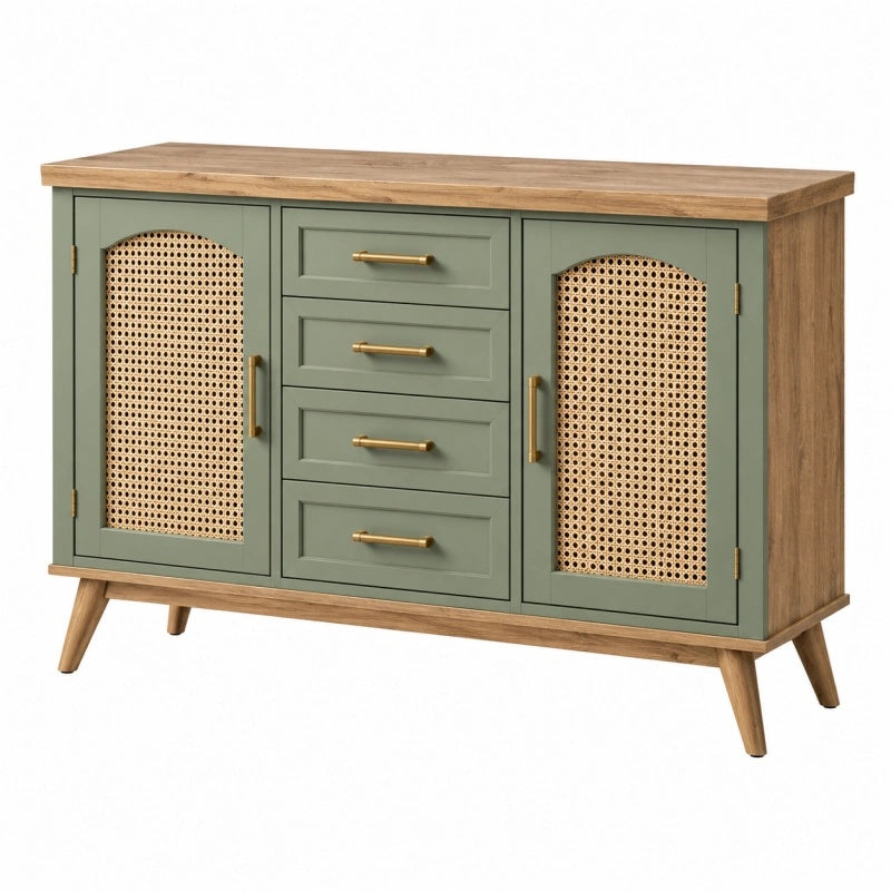 Sideboard 120 x 40 x 80 cm aus Holz und Rattan Grün Natur Braun mit 4 Schubladen - Xelvento