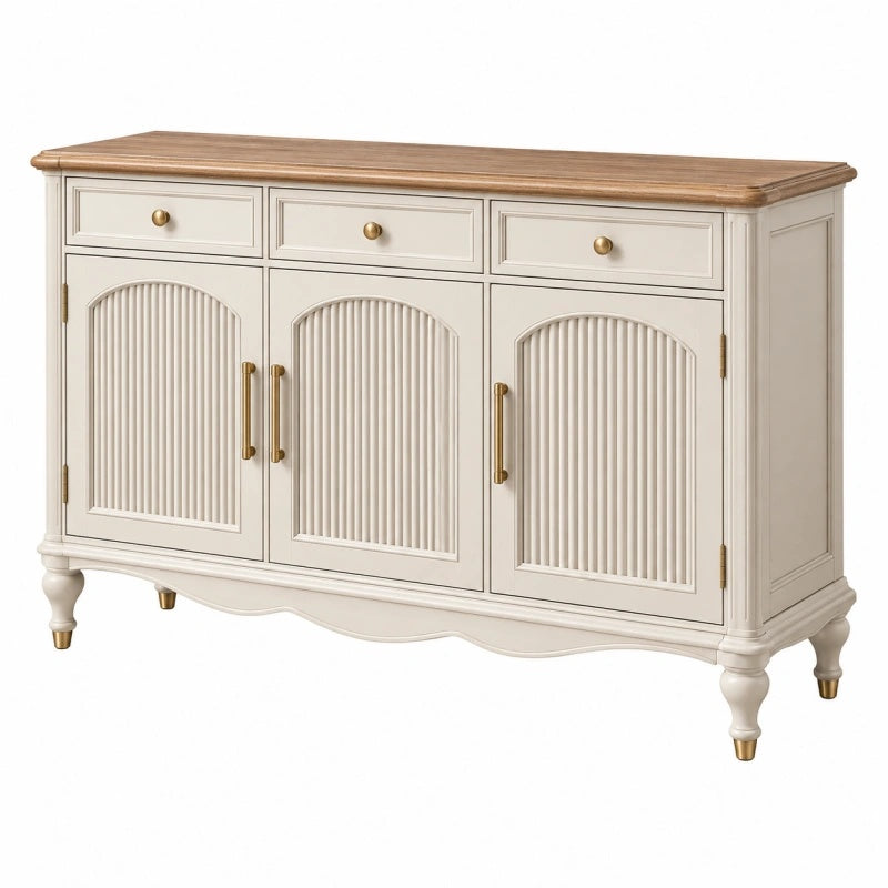 Sideboard 150 x 45 x 90 cm aus Holzwerkstoff in Cremeweiß und Holzoptik im Landhausstil mit 3 Schubladen und 3 Türen - Xelvento