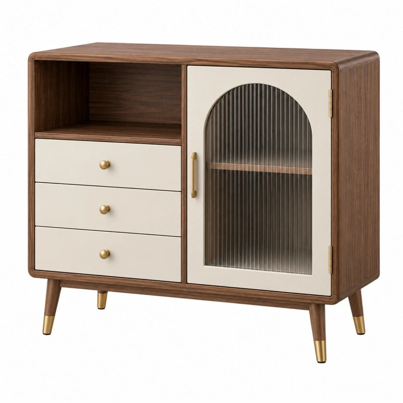 Sideboard 90 x 40 x 90 cm Holzoptik Braun Creme mit Glastür und Schubladen - Xelvento