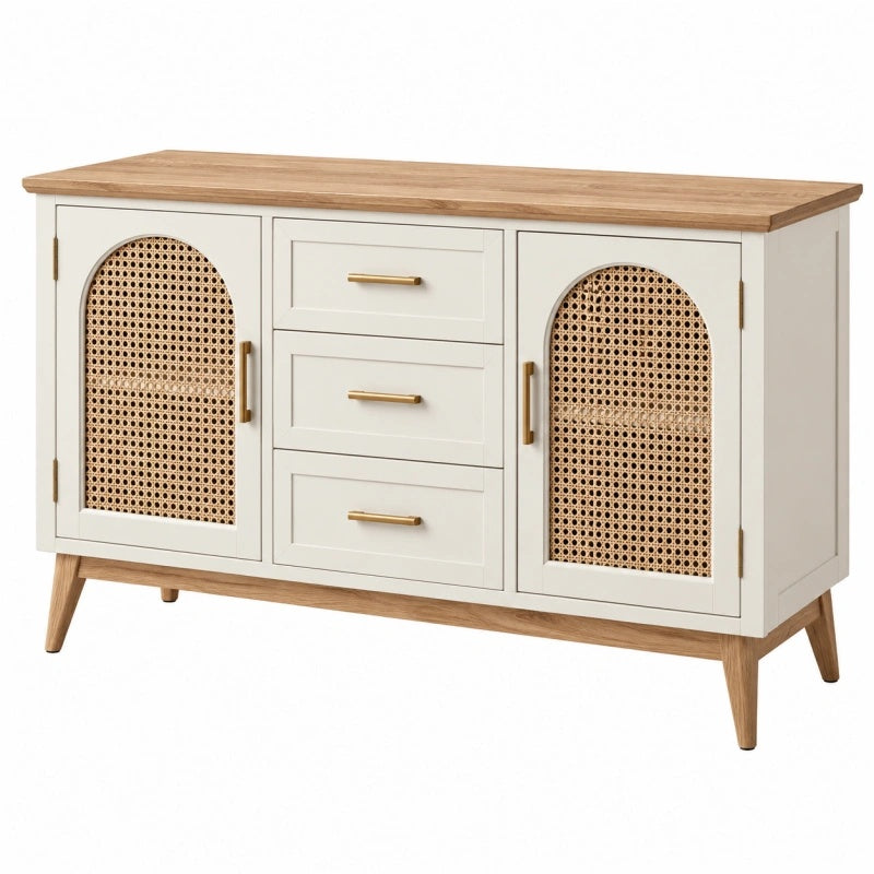 Sideboard 120 cm Holzwerkstoff Creme Natur mit Rattangeflecht und 3 Schubladen - Xelvento