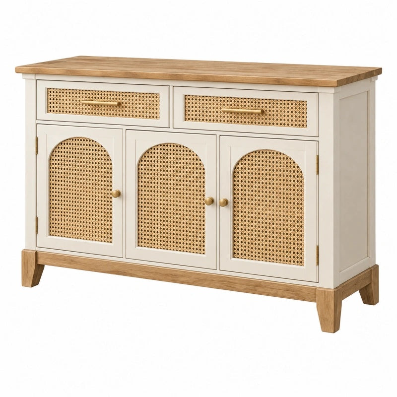 Sideboard 120 x 40 x 85 cm Holz Beige Natur mit Rattan Türen und Schubladen Landhausstil - Xelvento