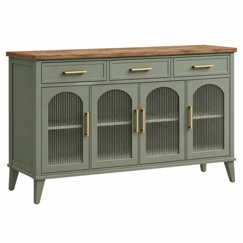 Sideboard 160 x 40 x 90 cm aus Holzwerkstoff in Salbeigrün mit geriffeltem Glas und Schubladen - Xelvento