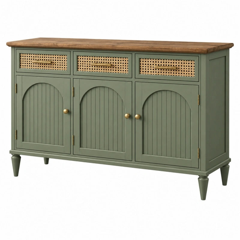 Sideboard 140 x 40 x 90 cm aus Holz in Grün Braun Natur mit Rattanfronten im Landhausstil - Xelvento