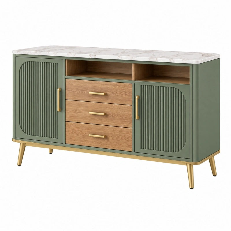 Sideboard 140 x 40 x 85 cm aus Holzwerkstoff Grün Braun mit Marmoroptikplatte und Schubladen - Xelvento