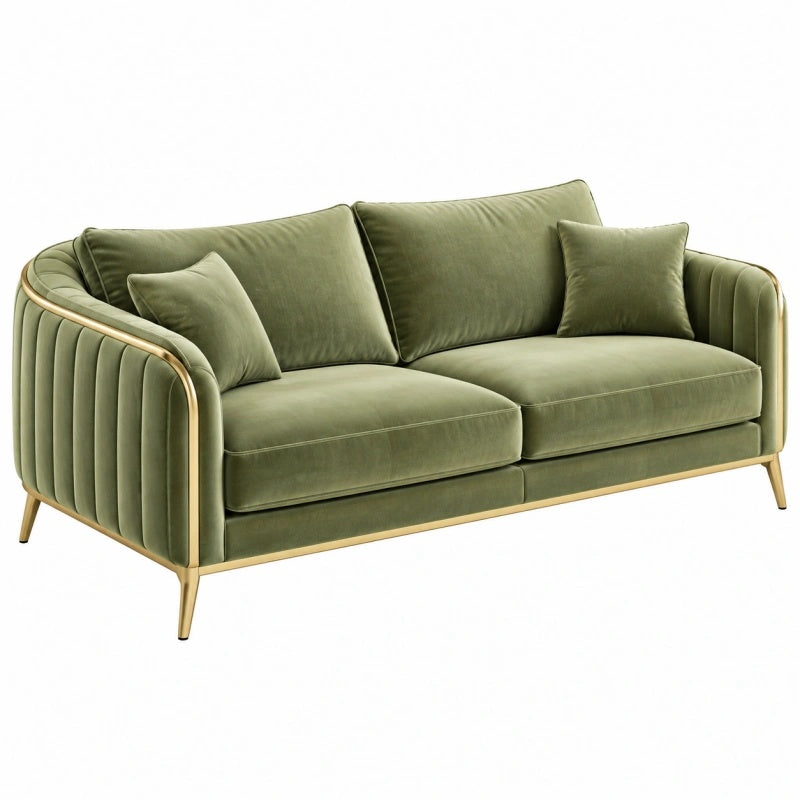 2-Sitzer-Sofa 180 cm olivgrüner Samtbezug mit goldfarbenem Metallgestell im Glamour-Stil